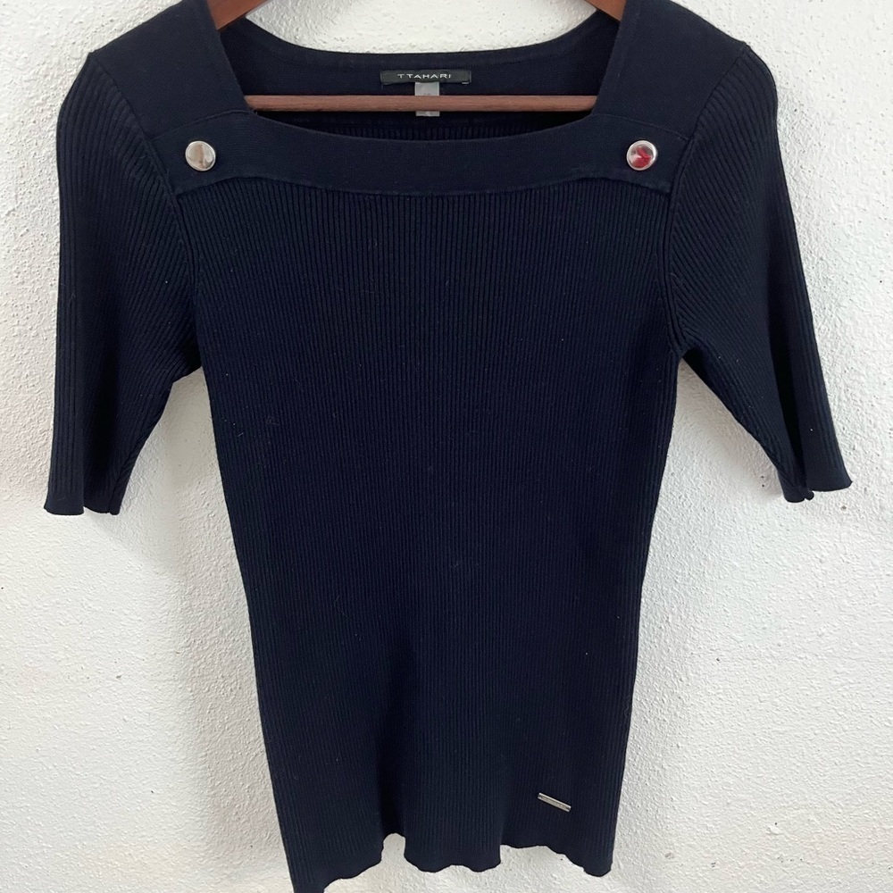 Tahari Navy Blue Top Carrier Stretchy Jersey